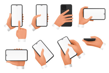3d hands of businessman hold mobile phone with empty blank screen set vector illustration. Arms use smartphones with different positions, scroll, swipe, touch device with finger isolated on white
