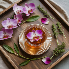 Elegant Tea Tray Still Life with Orchids and Rosemary Decoration for a Relaxing Spa Day