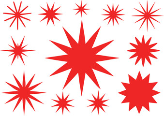 Collection of red starburst shapes silhouette isolated on transparent background