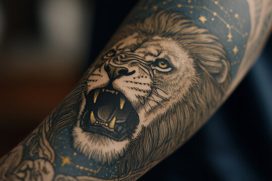 Intricate Leo constellation tattoo featuring a roaring lion, embodying the strength and energy of the zodiac sign and showcasing unique artistry during Leo season celebrations