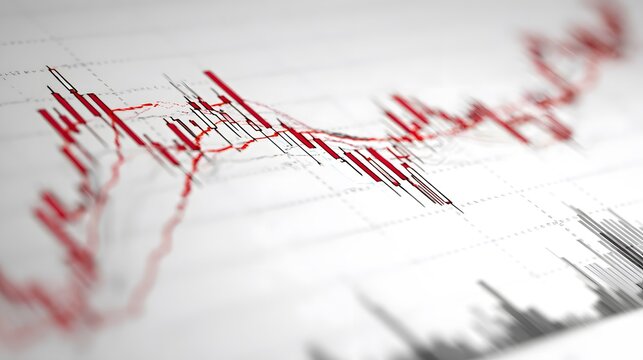 Close-up of a falling stock market chart with red candlesticks on a white background. Concept of financial crisis, recession, and economic decline.