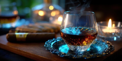 Elegant whiskey glass paired with cigars and candlelight creates a warm atmosphere in a cozy setting