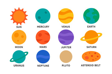 Playful solar system icons featuring sun, planets, and asteroid belt