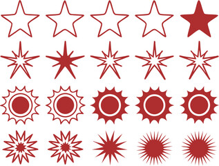 Collection of red star and sunburst silhouettes isolated on transparent background