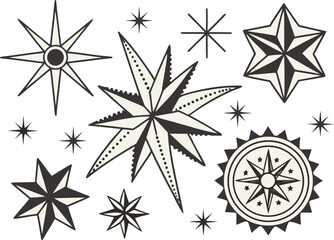 Collection of vintage starburst and compass rose designs silhouette isolated on transparent background