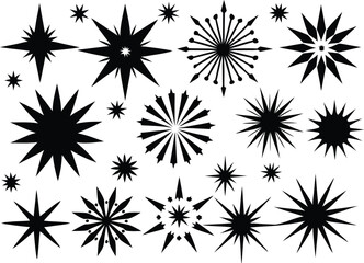 Collection of starbursts and snowflakes silhouette isolated on transparent background