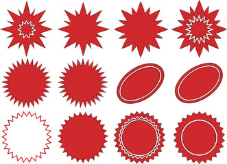 Collection of red starburst and oval shapes silhouette isolated on transparent background