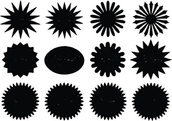 Collection of black starburst shapes silhouette isolated on transparent background