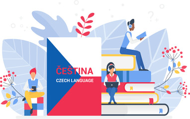Online language courses flat vector illustration. Distance education, remote school, Czech university. Internet class, e learning language school isolated. Students reading Czech books.