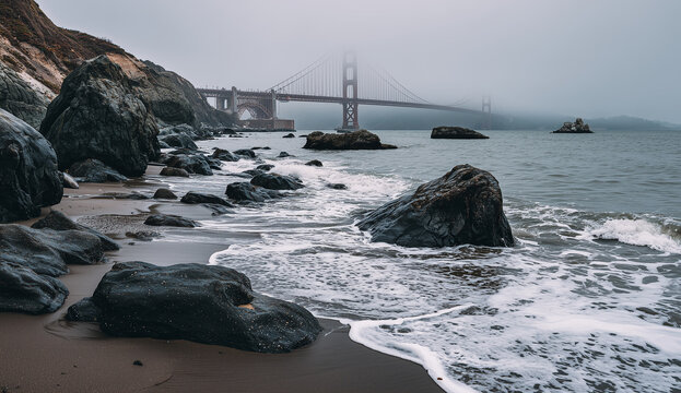 Golden Gate Bridge in Foggy Weather with Rocky Beach and Ocean Waves - Powered by Adobe