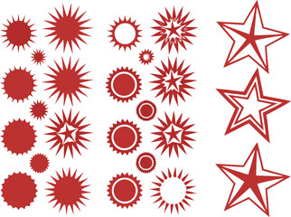 Collection of red starbursts and stars silhouette isolated on transparent background