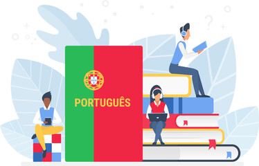 People learning Portuguese language vector illustration. Portugal Distance education, online learning courses concept. Students reading books cartoon characters. Teaching foreign languages.