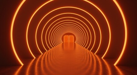 Naklejka premium Abstract Futuristic Tunnel with Orange Neon Lights and Closed Doors Leading to a Bright Light at the End