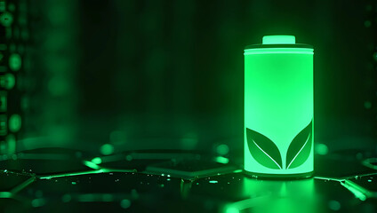 A glowing green battery with leaf symbol on futuristic circuit board - sustainable energy, eco-friendly technology, and renewable power solution concept