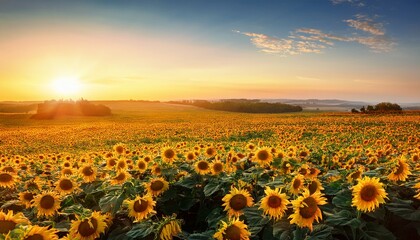 sunflower field at sunrise with bright yellow flowers in bloom