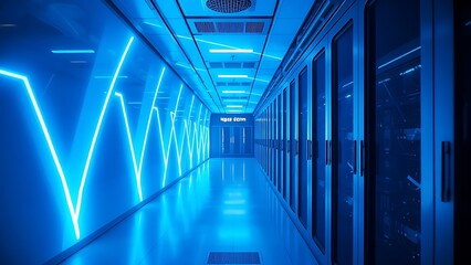 Futuristic server room corridor illuminated by blue LED lights, creating geometric light trails.