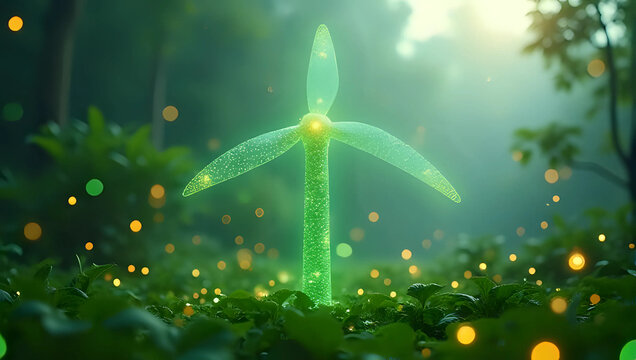 A glowing green wind turbine sprouting from lush foliage with sparkling light particles in misty forest background, eco-friendly energy, renewable power, and sustainable technology concept 