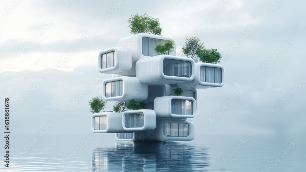 Poster a futuristic, modular structure floats on water, featuring multiple interconnected units and greener
