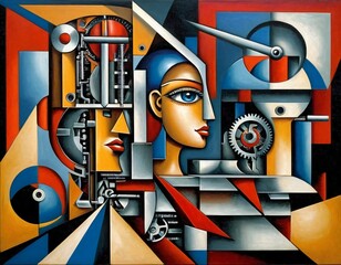 Abstract Futuristic Artwork Blending Human and Mechanical Elements in Dynamic Colors