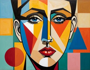 Vibrant Abstract Cubist Painting of a Face with Colorful Shapes