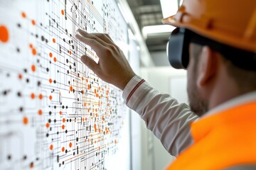 A construction worker in an orange helmet interacts with a digital display featuring colorful circuit lines and nodes, emphasizing technology in construction.