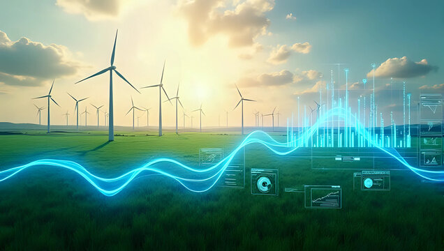Landscape of wind turbines in green field with digital overlay energy data and charts - renewable energy technology and data analysis for sustainable power concept