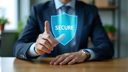 Businessman in suit touching a glowing blue shield with the word "secure" - data protection, cybersecurity, and online safety concept