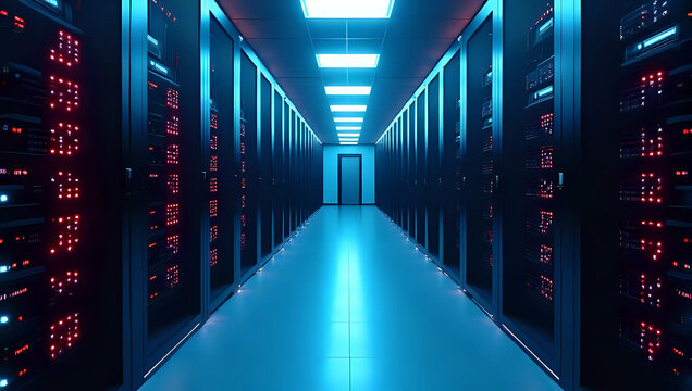 Futuristic server room corridor, server racks, with glowing blue and red lights - data center, cloud computing, https, and digital technology infrastructure concept