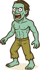 Cartoon zombie, muscular green body, ragged pants, Halloween character design, spooky undead monster, vector illustration, isolated, horror theme, detailed artwork