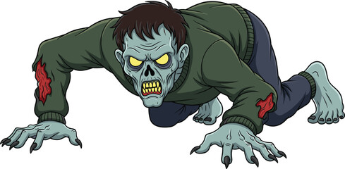 Crawling cartoon zombie character, glowing yellow eyes, sharp teeth, green sweater, spooky horror creature, cad drawing flat vector illustration