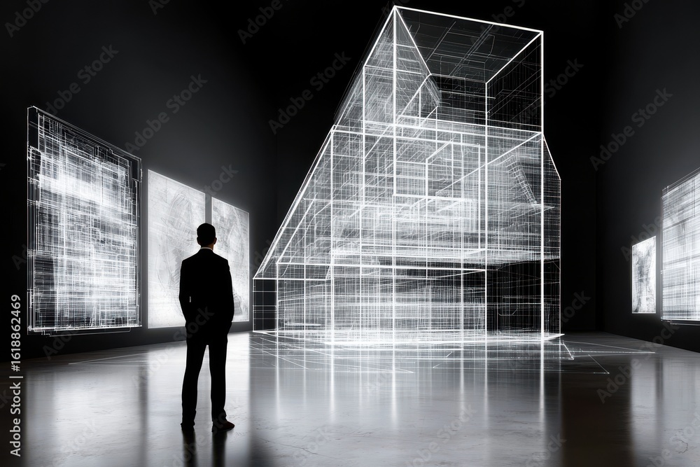 Poster engineer structural automation concept. a person gazes at a digital art installation showcasing arch