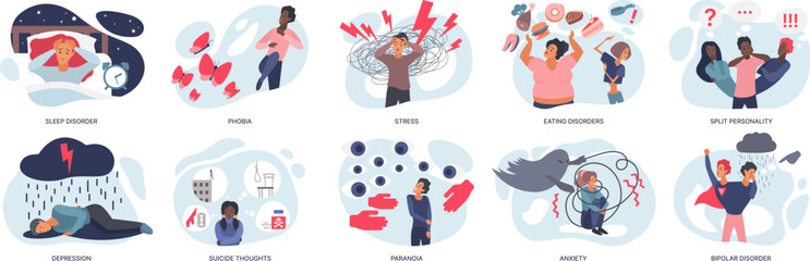 Mental disorders set infographic vector illustration. Cartoon depressed sick male and female characters with anxiety and stress, trauma and psychological problem isolated on white. Psychiatry concept