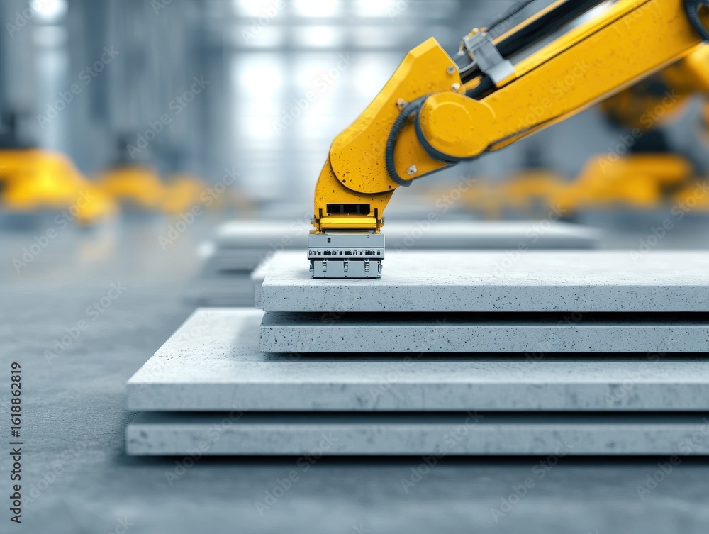 Poster engineer structural automation concept. robotic arm manipulating concrete slabs in a modern industri