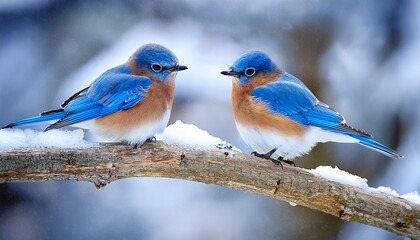 Obraz premium two bluebirds sitting on a branch in winter