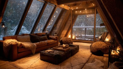 Cozy a frame cabin living room with large windows overlooking a snowy forest