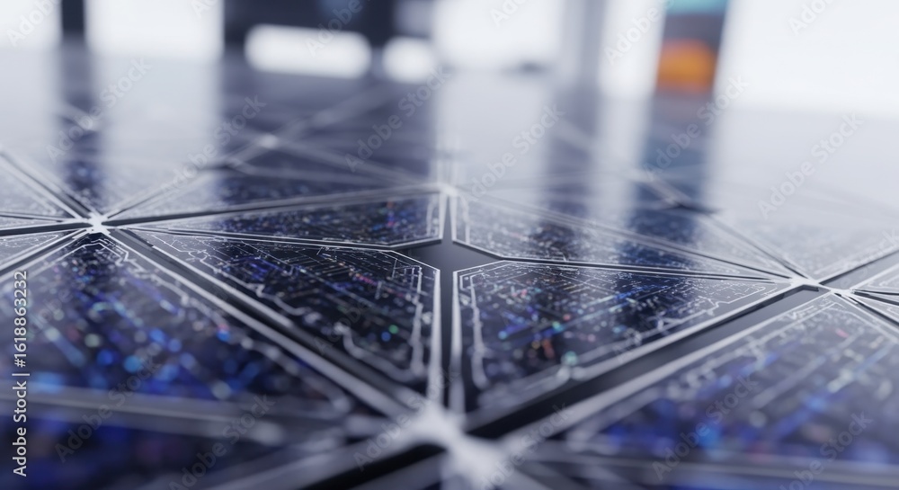 Poster patterned solar cells in sharp focus emphasizing technology in clean power production.