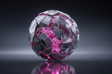 crystal sphere with glowing circuit inside, cracked slightly, platinum chrome and electric magenta lighting