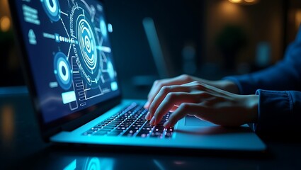 Close up of hands typing on a laptop displaying complex digital data visualizations and futuristic glowing circuit board patterns in a dimly lit environment