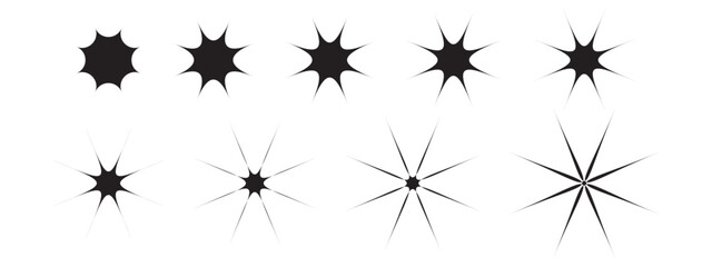 Set of black starburst and sparkle icons with varied rays and styles. Ideal for highlights, product badges, festive designs, UI elements, or clean decorative symbols. Minimal and bold options included