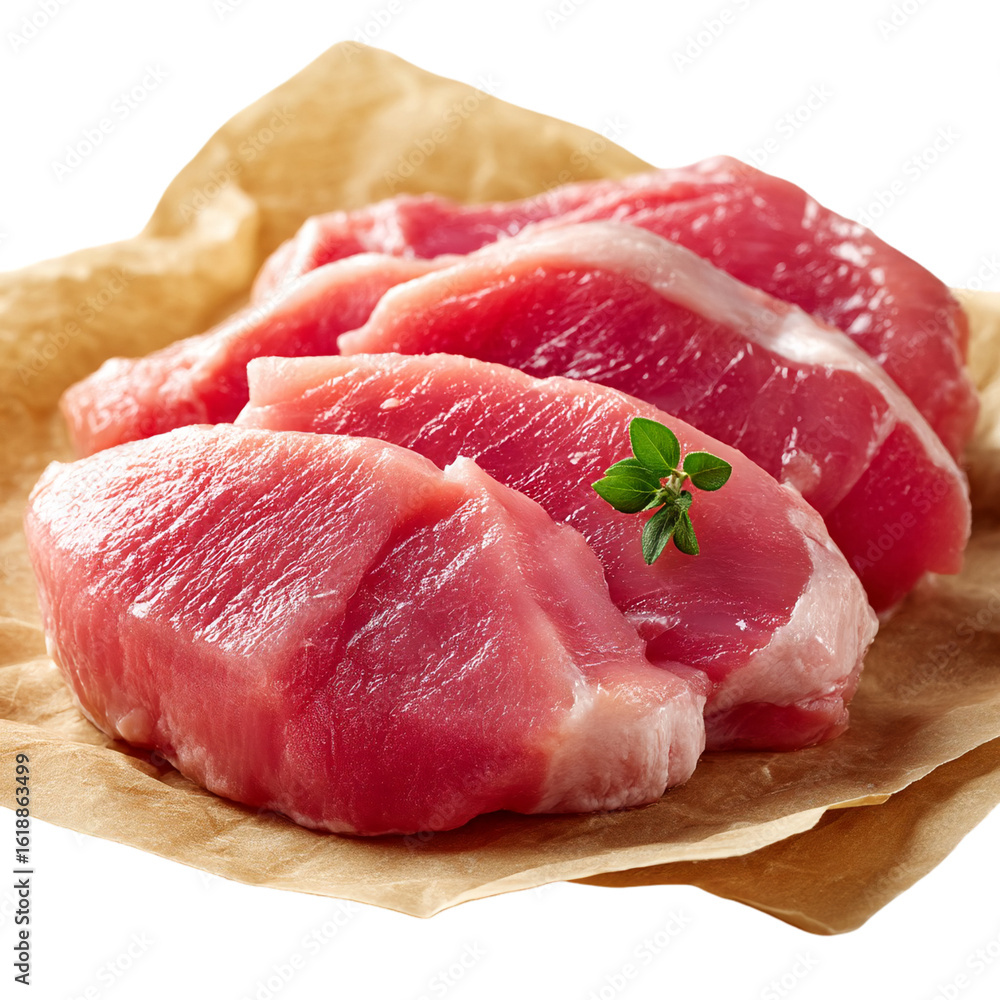 Poster a close up of raw pork chops on parchment paper with a sprig of thyme isolated on transparent backgr