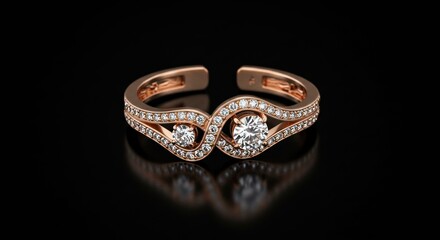 Elegant rose gold ring adorned with shimmering diamonds on black background