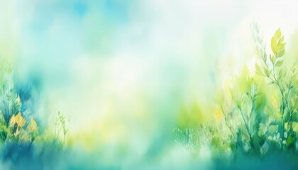 Fototapeta premium sunlit watercolor foliage with soft green leaves and blue sky background ideal for spring nature design or eco website banner