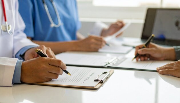 Team of doctors in the hospital working on documents, 300 dpi, widescreen 16:9, with free space for text
