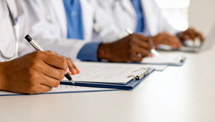 Team of doctors in the hospital working on documents, 300 dpi, widescreen 16:9, with free space for text