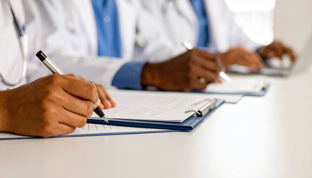 Team of doctors in the hospital working on documents, 300 dpi, widescreen 16:9, with free space for text