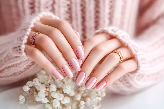 Mains soign&eacute;es par manucure avec pose de vernis rose