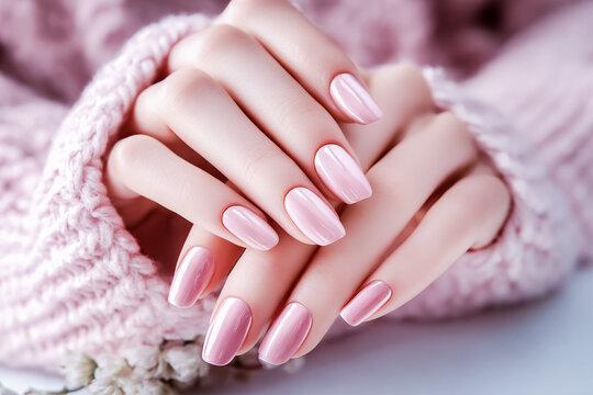 Mains soign&eacute;es par manucure avec pose de vernis rose