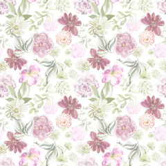 Obraz premium Hand-painted floral seamless pattern with watercolor leaves and botanical elements. Subdued colors, soft background for textile, wrapping paper, wallpaper, or surface design.