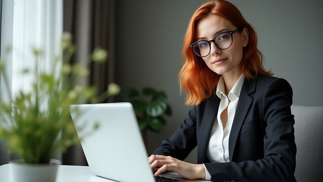 Professional redhead woman with glasses working diligently on her laptop in a modern office setting with natural light - Powered by Adobe