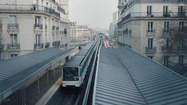Green subway train arriving at station in paris residential district